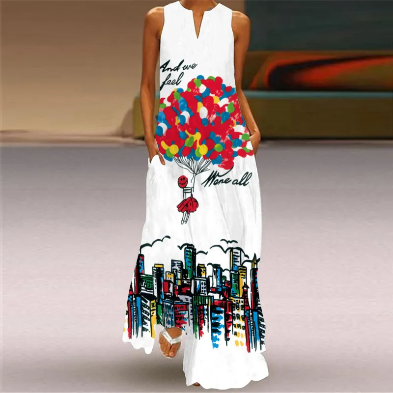 Plus Size Mode 3D-Druck Sommerkleid Frauen Casual Sexy Boho Strandkleider Sexy V-Ausschnitt Lose Ärmeltaschen Langes Kleid 210507