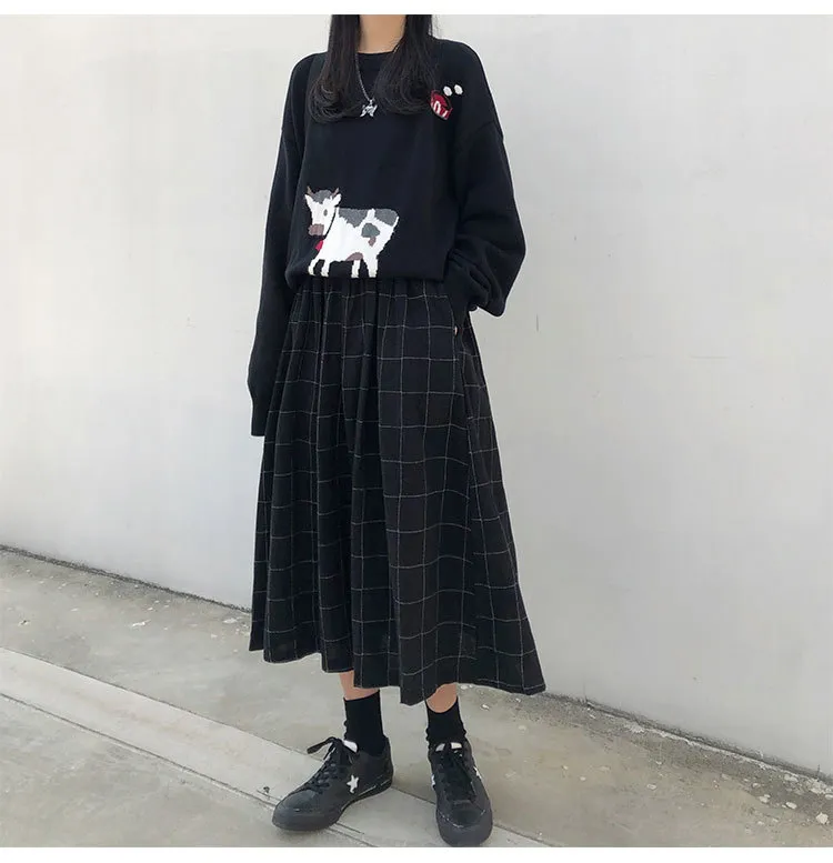 2 cores estilo japonês cintura elástica alta saias longas mulher outono inverno xadrez a linha plissada x1078 220226
