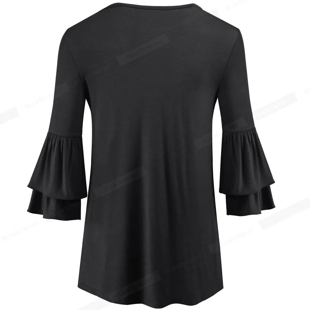 Nice-Forever Winter Women Pure Color Chic Flared Sleeve Casual T-Shirts Loose Female Tees Tops T056 210419