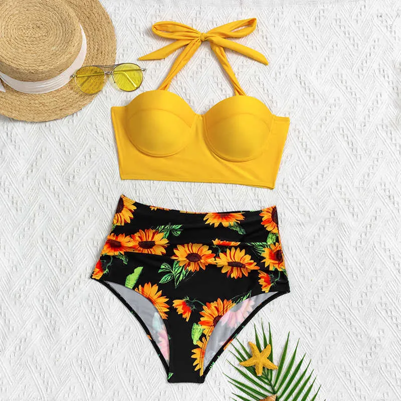 Kobiety Moda Słonecznik Print Bez Rękawów Bikini Zestaw Top Szorty Dwa kawałek Swimsuit Kąpiel Kąpiel Swimwear Beach Nosić Tankinis 210629