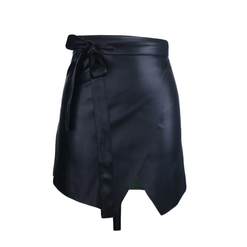 Summer Casual black women asymmetrical leather skirt sash Sexy slim mini skirt female High street PU skirts ladies spring 210514