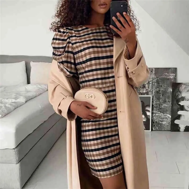 Eleganta kvinnor Khaki Plaid Klänningar Sommar Mode Ladies Puff Sleeve Vestidos Streetwear Kvinna Chic O-Neck Mini Dress 210427