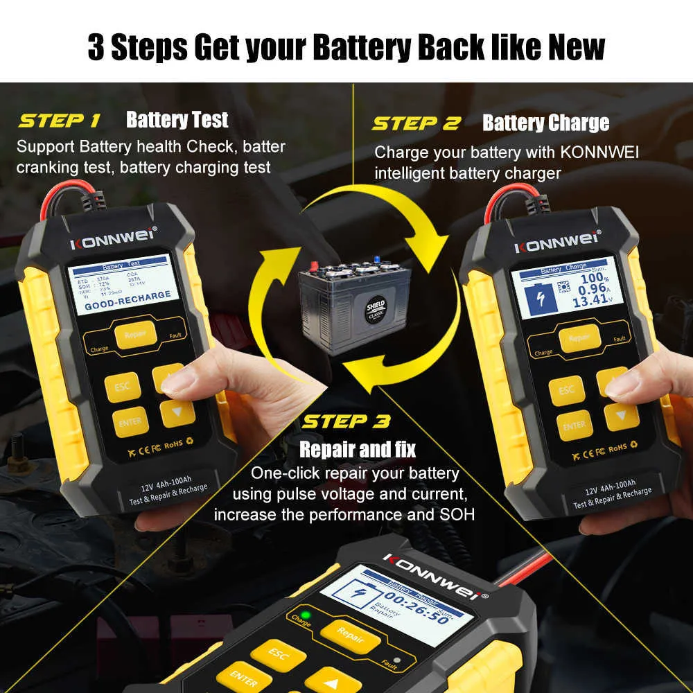 KONNWEI Diagnostic Tools KW510 Full Automatic 12V Car Battery Tester Pulse Repair 5A Battery Chargers Wet Dry AGM Gel Lead Acid Car Repair Tool