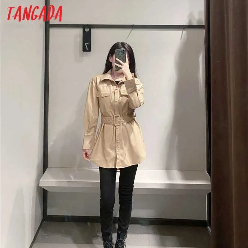 Tangada femmes kaki veste en simili cuir manteau col rabattu dames à manches longues manteau ample avec slash QN70 210609