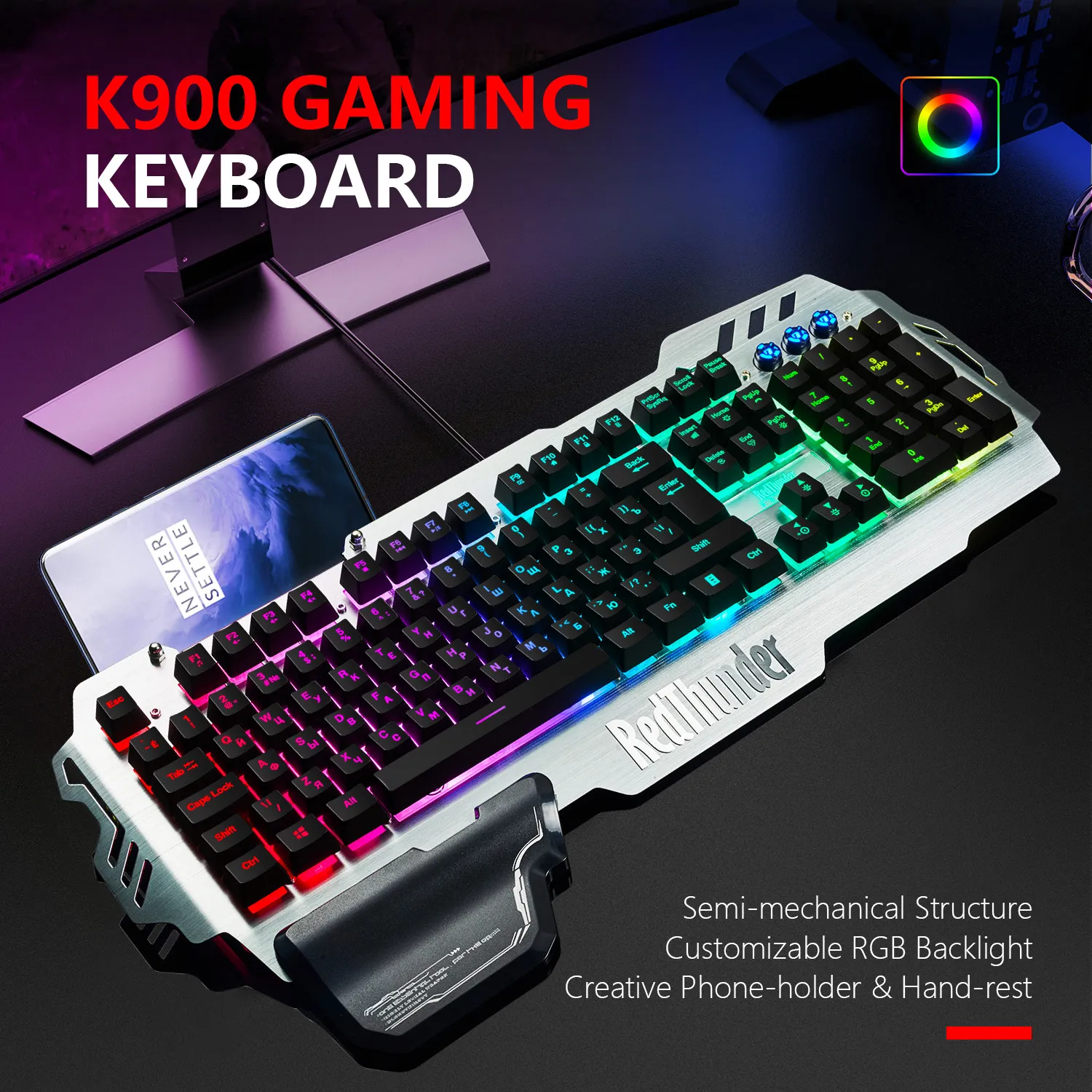 Redthunder K900 RGB Przewodowy Klawiatura do gier 25 Keys Anti-Ghosting Mechanical Feel Ergonomics PC Rosyjski hiszpański francuski