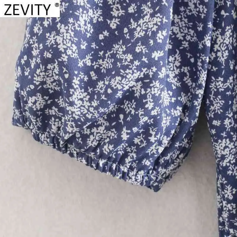 Zevity Women Vintage Pleated Lace Up V Neck Blommig Print Slim Mini Klänning Kvinna Puff Sleeve Casual Vestidos Chic Dresses DS8126 210419