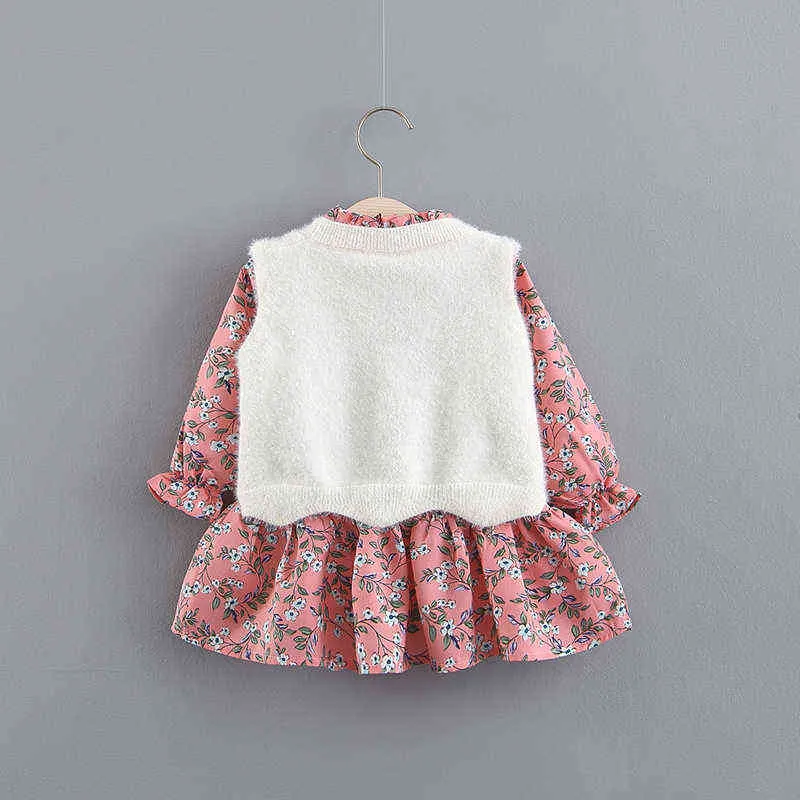 LZH Infant Party Dress New Autumn Winter Baby Velvet Vest + Długi rękaw Kwiatowy Druku Sukienka Dla Baby Princess Sukienka Noworodka Ubrania G1129