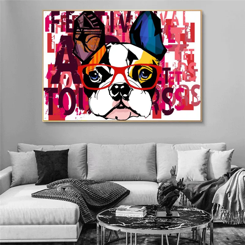 Pósteres abstractos de animales con grafiti, pintura en lienzo, cuadros divertidos de perros, impresiones en lienzo, arte de pared para sala de estar, decoración moderna para el hogar