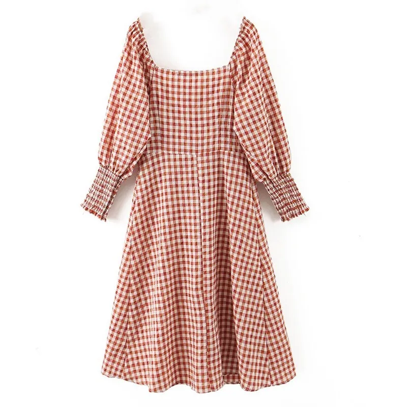 Automne CHIC Vérifier Plaid À Manches Longues Robe Vintage Femme Col Carré Ruché Mince Taille Boutons Midi Chemise Robes 210429