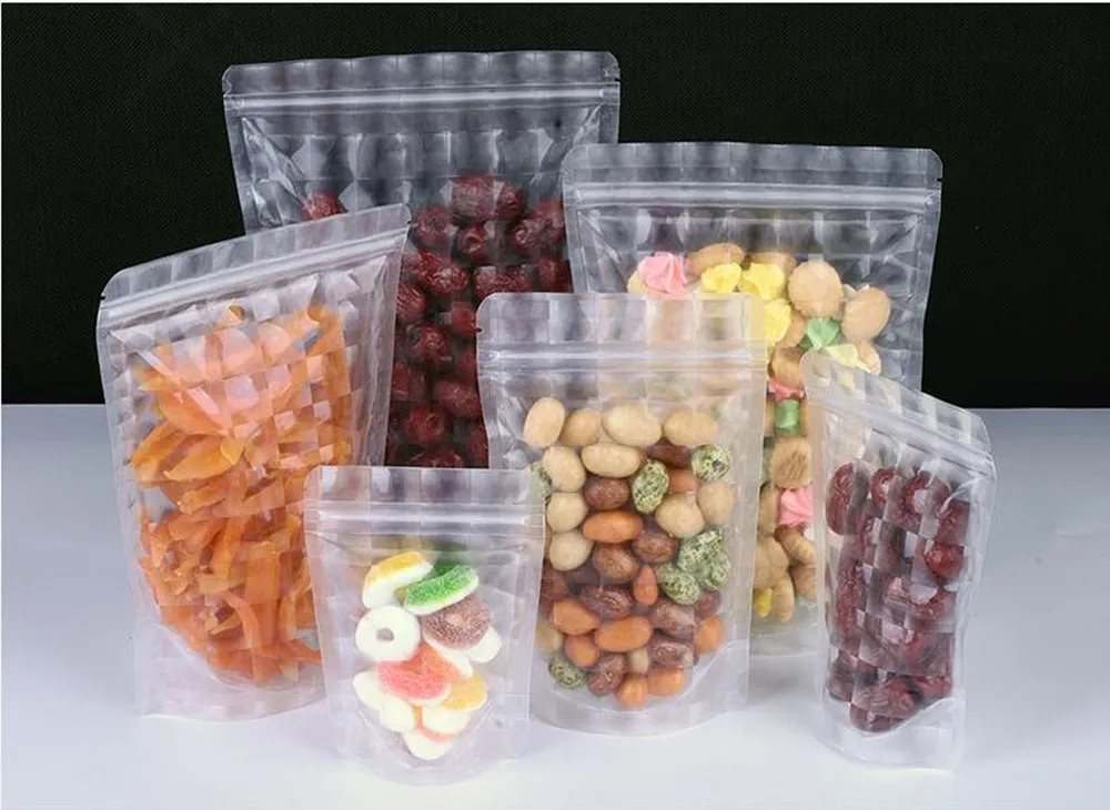 1000 pezzi 3D in plastica trasparente stand up con chiusura a cerniera borsa con chiusura a cerniera riciclabile buste autosigillanti biscotti borsa alimenti