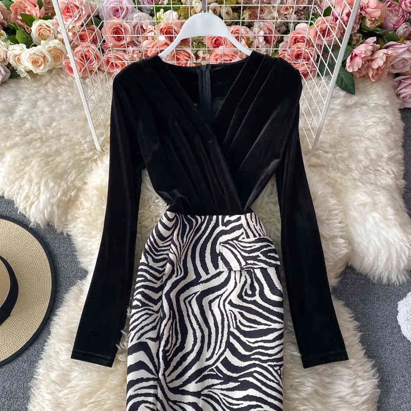 Kimutomo Vintage femmes robe printemps automne mode femme col en v faux deux pièces Patchwork léopard Vestido Midi Elegante 210521