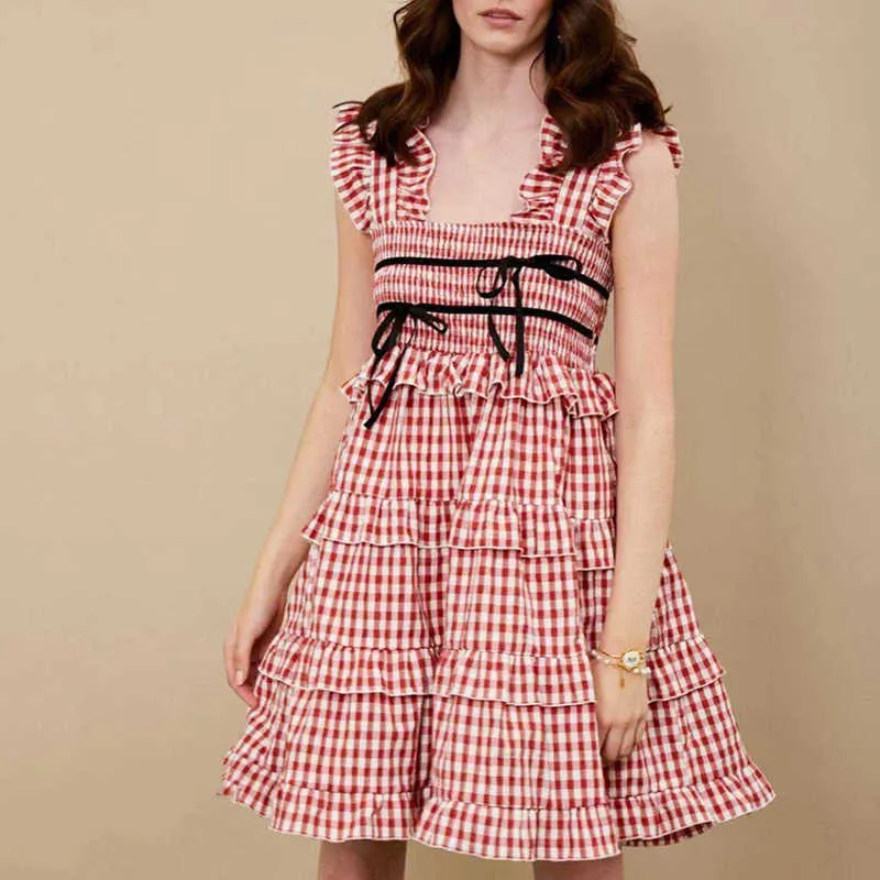 Fabpop 여름 디자인 민소매 스퀘어 칼라 붉은 격자 무늬 높은 허리 무릎 길이 슬림 미드 드레스 여성 GB307 210709