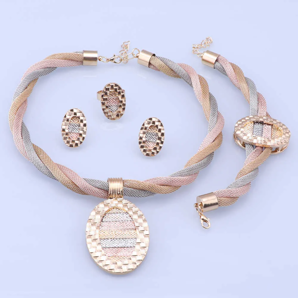 Afrique nouvelle mode couleur or ensembles de bijoux collier Bracelet boucles d'oreilles charme femmes fête de mariage anniversaire cadeau bijoux fins H1022