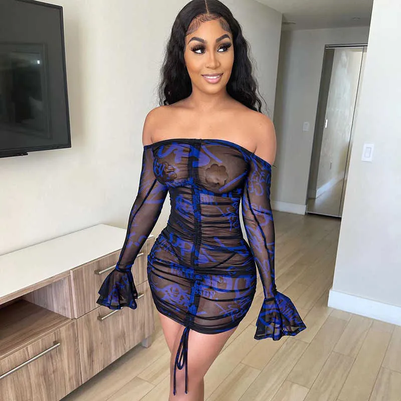 Sexy Long Sleeve Slash Neck Dress Women Evening Party Night Dresses Mesh See Through Drawstring Bodycon Slim Mini Dress Vestidos 210625