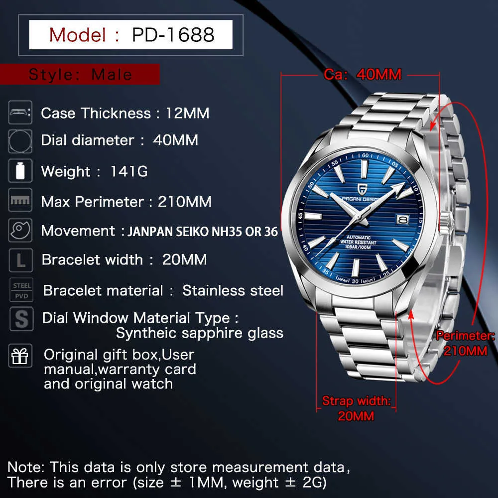 Pagani Design A150 Retro Mechanical Watch for Men Brand Luxury Automatic 100m Waterproof NH35A Wrist Reloj HOMBRE 210728