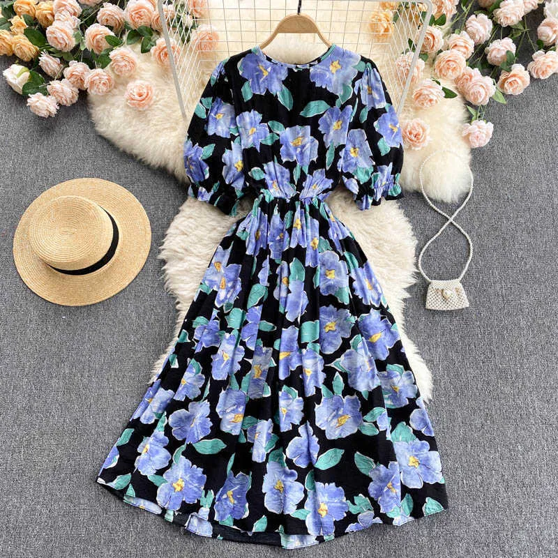 Femmes noir/bleu/vert imprimé fleuri robe mi-longue bohème élégant col rond manches courtes bouffantes vacances plage Vestidos été Y0603