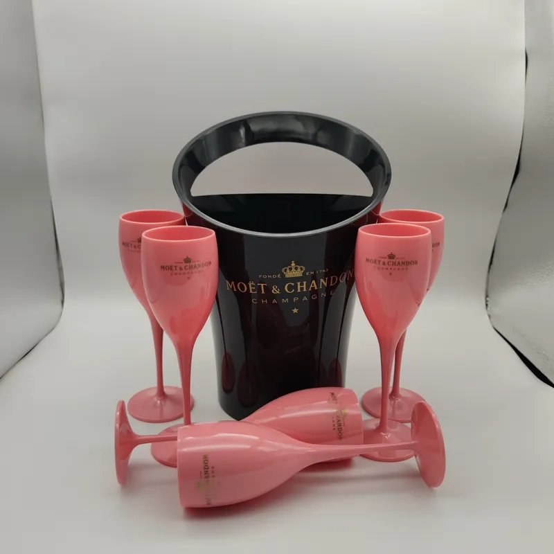 Moet Chandon Black Ice Bucket and Pink Ving Glass Acrylic Goblets Champagne Glasses Wedding Bar Party Bottle Cooler 3000ML229J