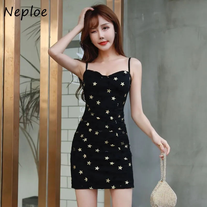 Neploe Sequin Dot Pattern Summer Dress Women High Waist Hip Sleeveless Camis Skinny Vestidos Party Robe Open Back 210510