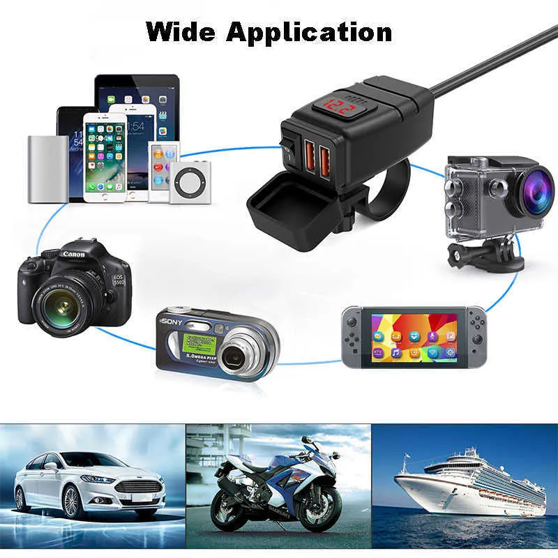 Porta USB 12V Carregador duplo à prova d'água para guiador de motocicleta Carregamento rápido 3.0 com voltímetro Smart Phone Tablet GPS224I