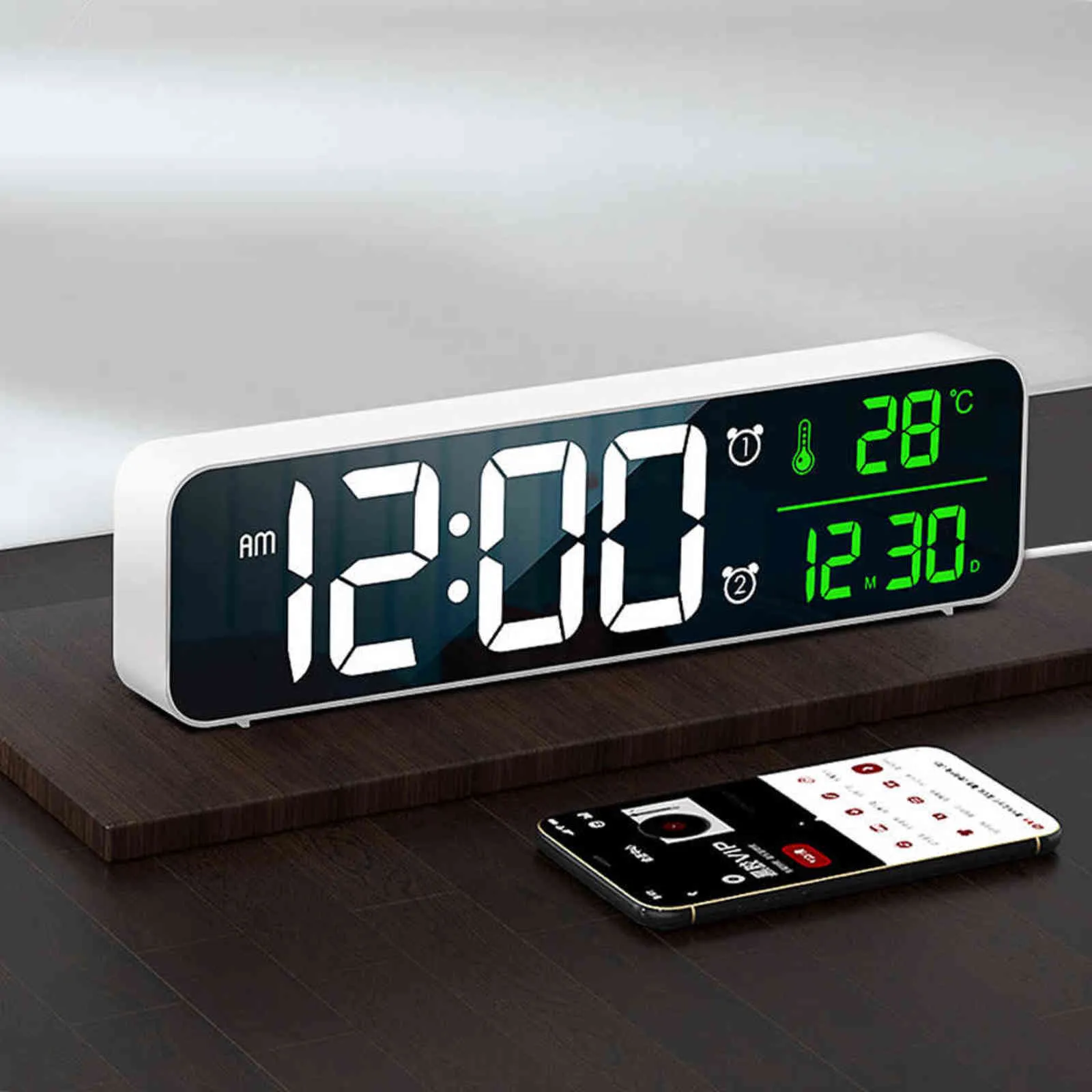 Musik LED Digital Wecker Uhr Tischuhr Digitale Temperatur Datum Anzeige Desktop Spiegel Uhren Snooze Home Tisch Dekor 211112