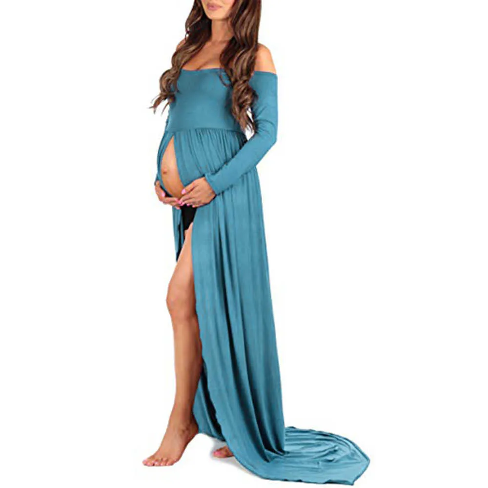 Robes de photographie de maternité sans bretelles, couleur unie, épaules dénudées, sans noir, manches longues, fendues, robe longue en dentelle