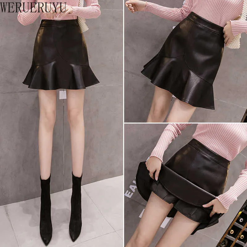 WERUERUYU Black High-Waisted Short Women's Leather Skirt Harajuku Ruffles Pu Mini Pleated Skirts For Girls 210608