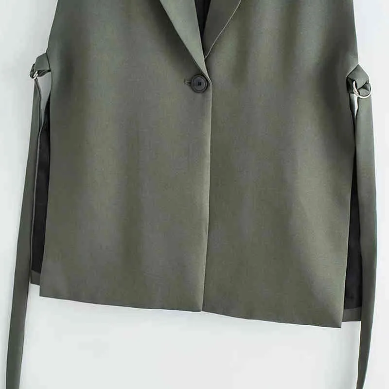 Xeasy Summer Dames Casual Grijze Side Slit V-hals One-Button Vest Vrouw Vintage Vaillon Mouwloze Dames Chic Top 211220