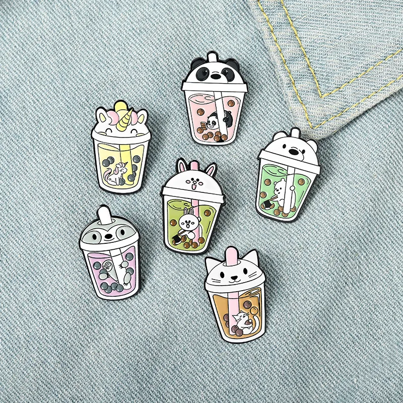 Pinons de thé à lait de perle mignon mignon chat panda lapin ours badge de peinture à la licorne unisexe enfant en alliage bouteille sacs de chapeau collier br316w