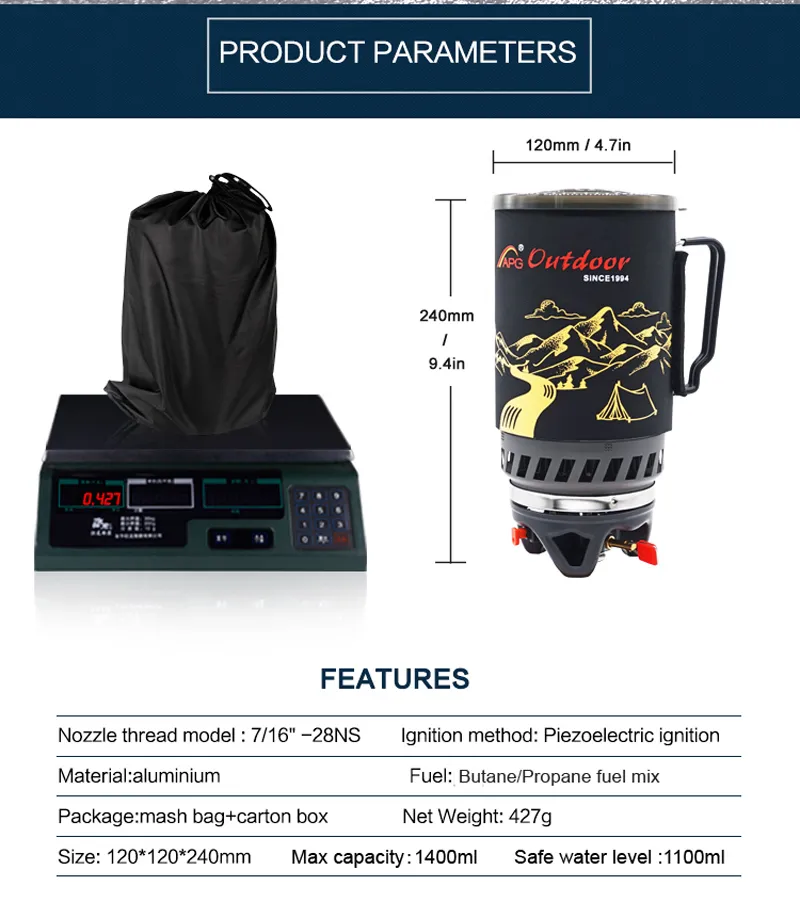 APG 1400ML Camping Gas fogão Sistema de cozimento e portátil S 220225