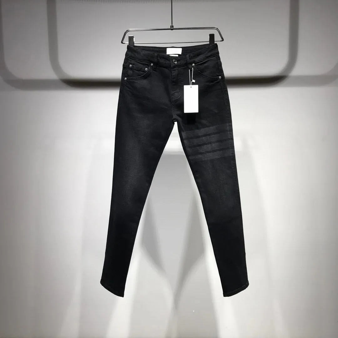 Herr jeans europeiska nya tryck klassiska fyra-bar randiga stretch slim-fit byxor denim byxor