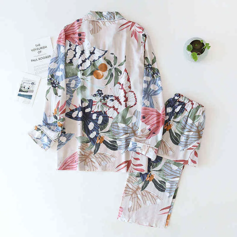 Lente en Herfst Lange mouwen Broek Dames Pyjama Set Viscose Cardigan Butterfly Flower Simple Thunse Home Service Zomer 211112