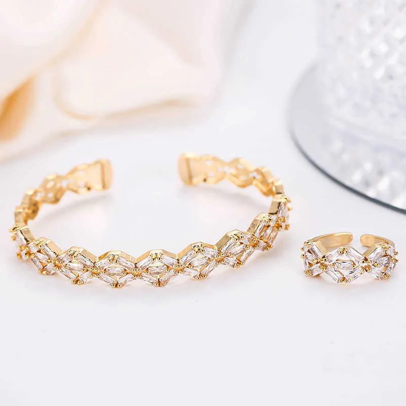 Top Quality Geometric Multi-fila Full Cubic Zirconia Bangle Ring Set le donne Dubai Bridal Hand Bangles Placcatura in oro Q0720