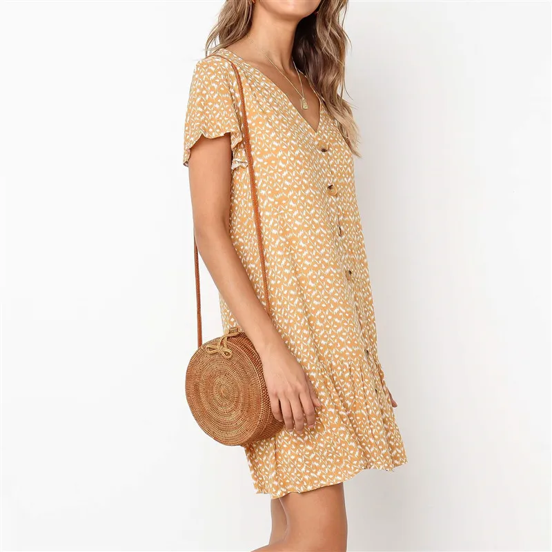 Floral Print Dress Women Summer Sexy V Neck Beach Chiffon Casual Ruffled Short Sleeve Button Mini Loose Sundress 210515