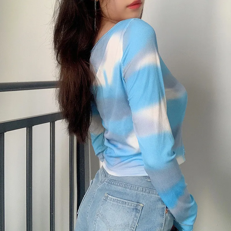 Tie Dye Imprimer Bleu Crop Tops Femmes Automne O Cou À Manches Longues Bouton Cardigan Top Sexy Mince Court T-shirt Petit Survêtement 210507