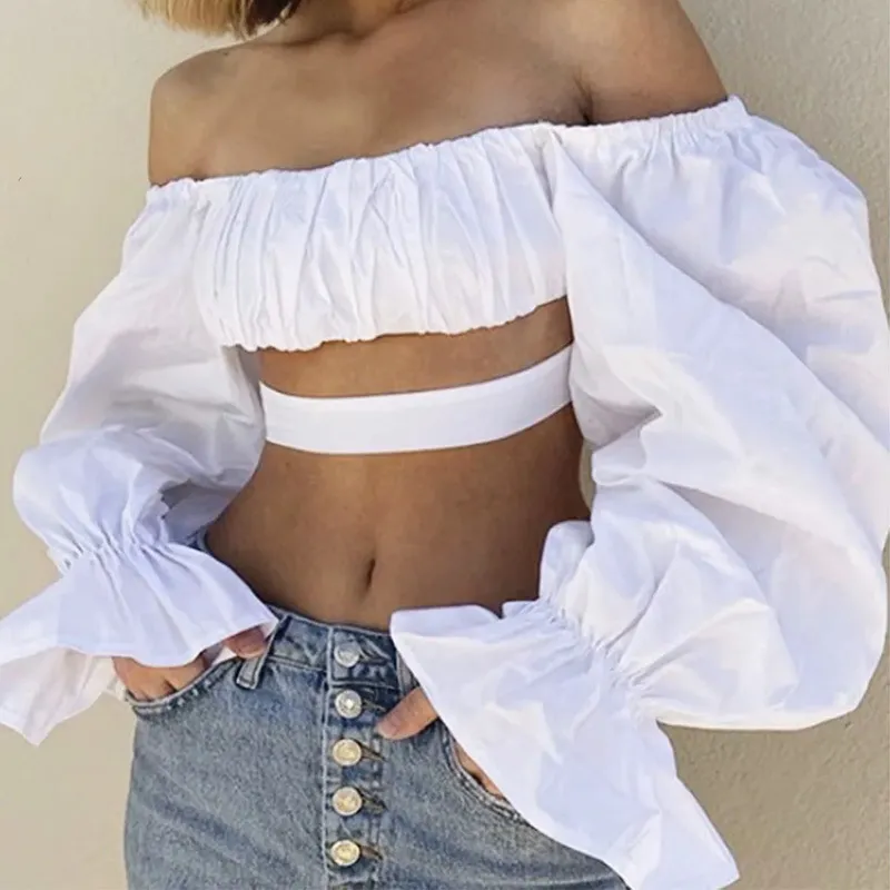 Foridol Spruff Sleeve Preto e Branco Blusa Camisa Mulheres Sexy Colheita Tops Summer Off Blouse Tops Blousa Femininas Chic 210415