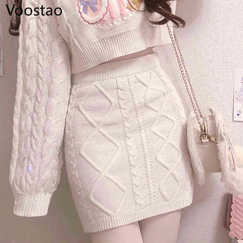 Höst vinter sött lolita stil kjol sätter japanska tjejer söt kanin broderi krintted tröja kjolar våren kvinnor set 211221