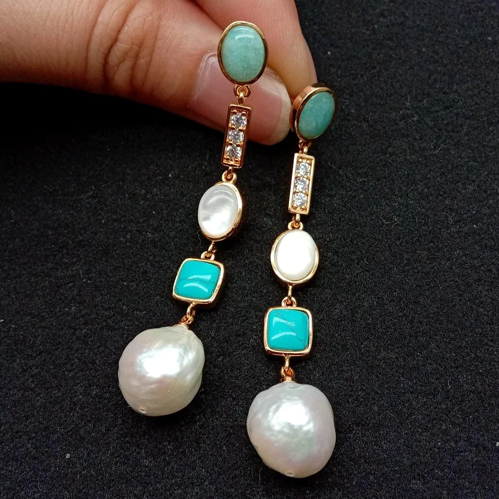 Yygem 2.3 '' Geometryczne Złoto Wypełnione Amazonite White Keshi Pearl Shell Blue Turkusowy Kryształ Pave Dangle Kolczyki Słodkie dla kobiet