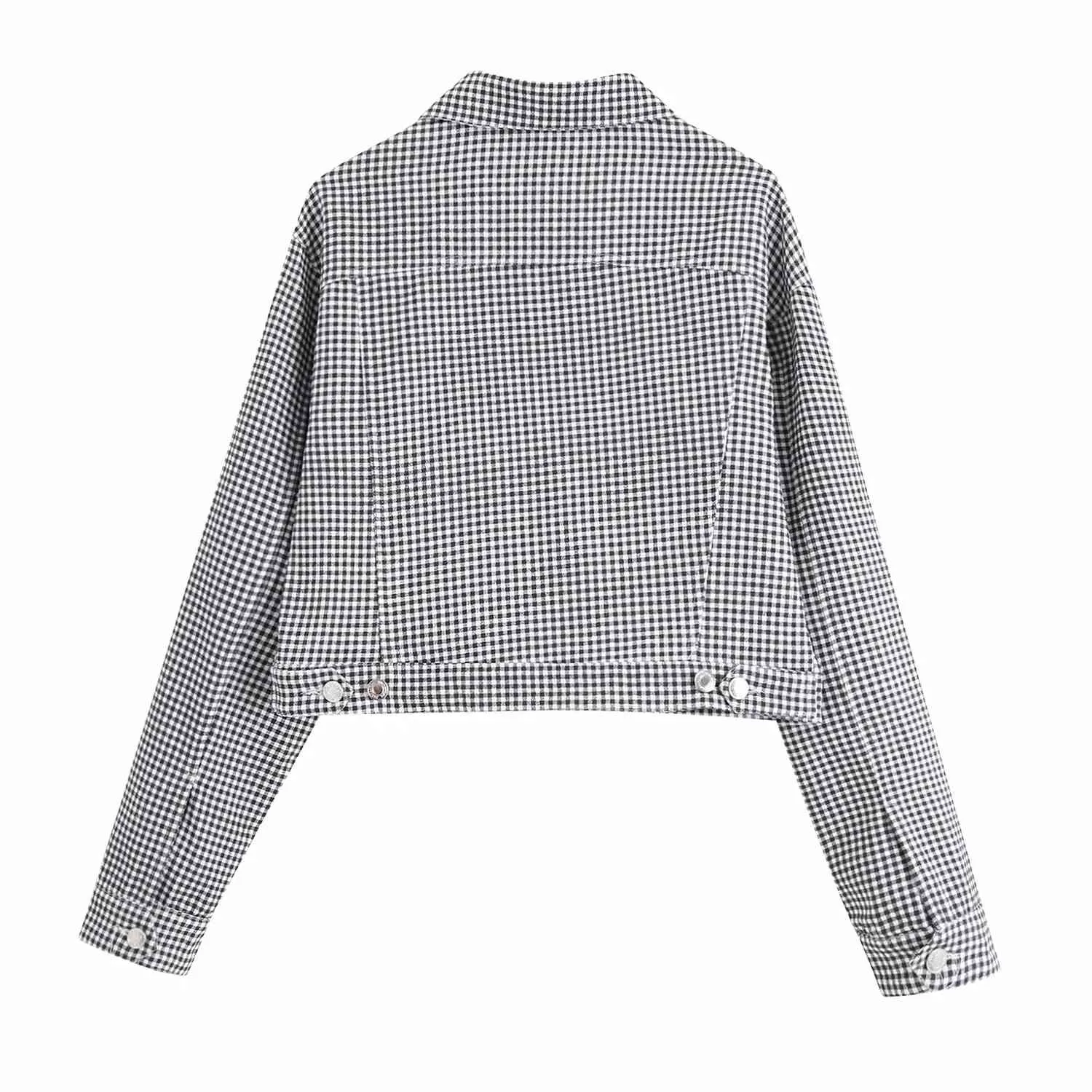 Femmes Houndstooth Demin Veste recadrée Simple boutonnage Casual Manteau Chic Femme Streetwear 210521