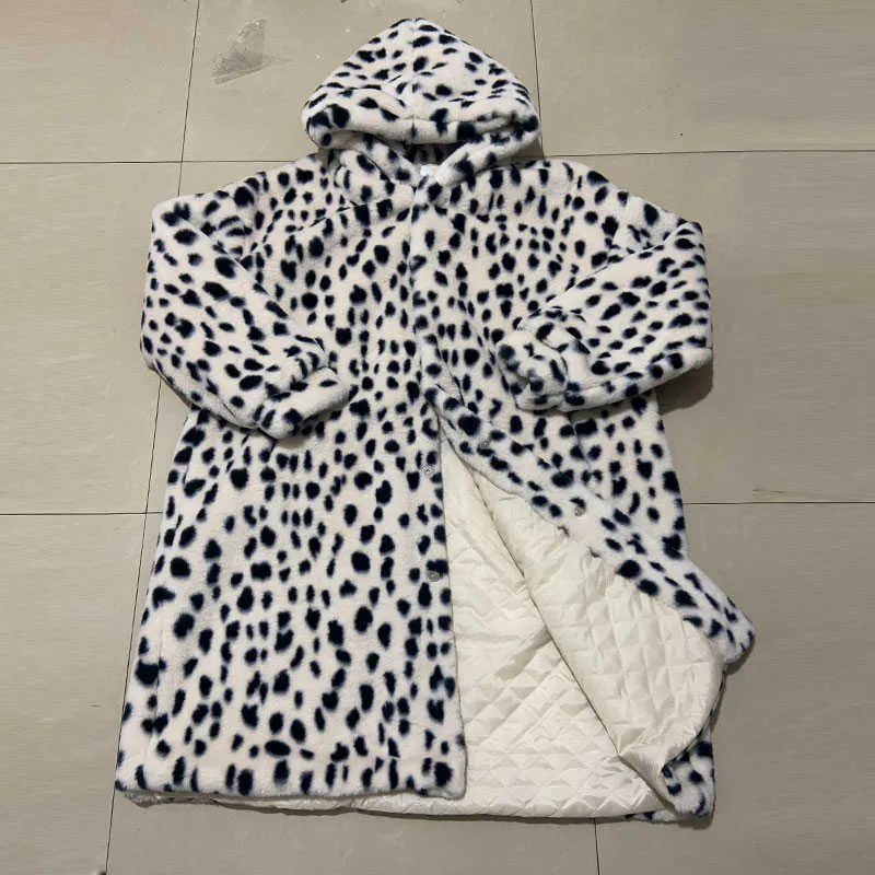 Koreański Imitacja futra Leopard Drukuj Futro Futro One Płaszcz Kobiety Kurtka Zimowa Kobiety Moda Z Kapturem Ciepła Parkas Jacket 211019