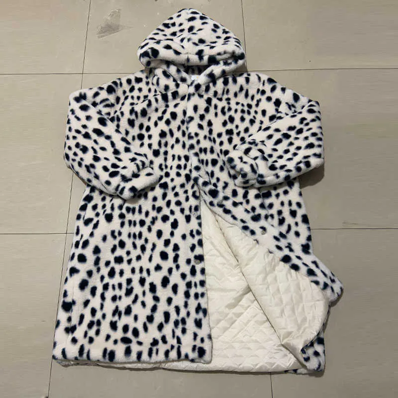 Korean Imitation Fur Leopard Print Fur Coat Fur One Coat Women Winter Jacket Women Fashion Hooded Warm Parkas Jacket 211019