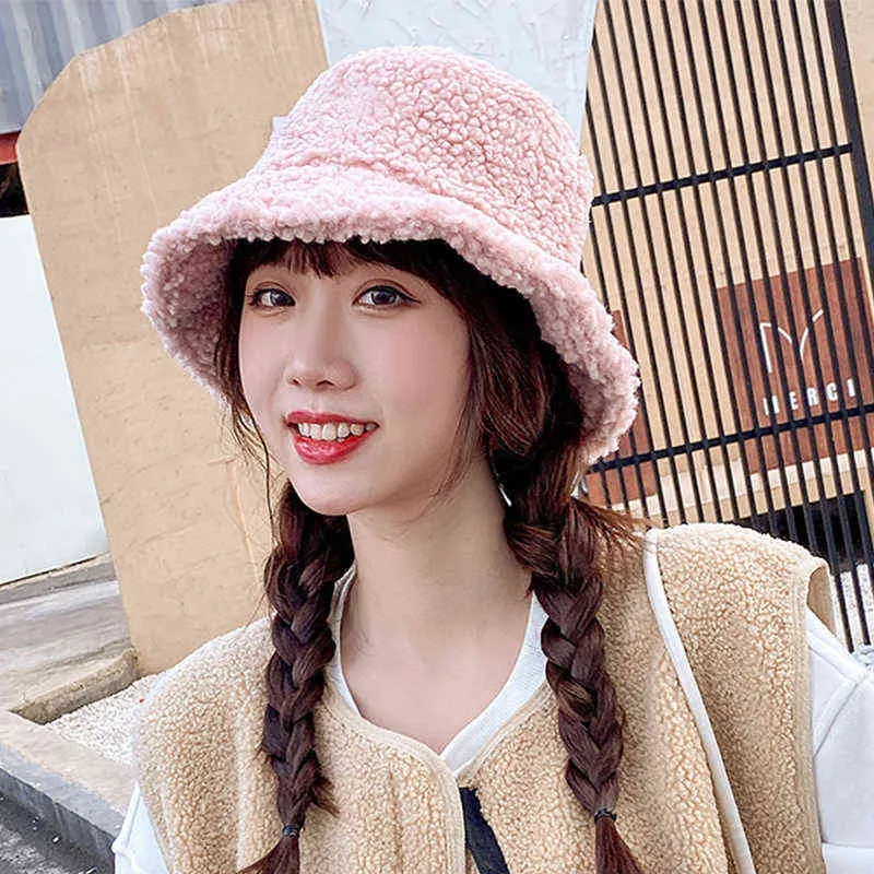 Women Lambs Wool Bucket Hat Japanese Girls Outdoor Sports Fisherman Cap for Ladies Casual Winter Warm Panama Hat G220311