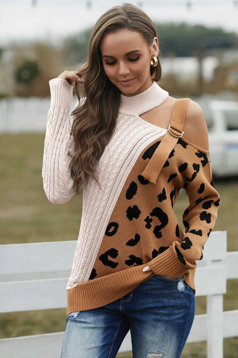 Fitshinling Eine Schulter Vintage Pullover Frauen Kleidung Leopard Patchwork Schlank Mode Jumper Herbst Gestrickte Pullover Verkauf 211011