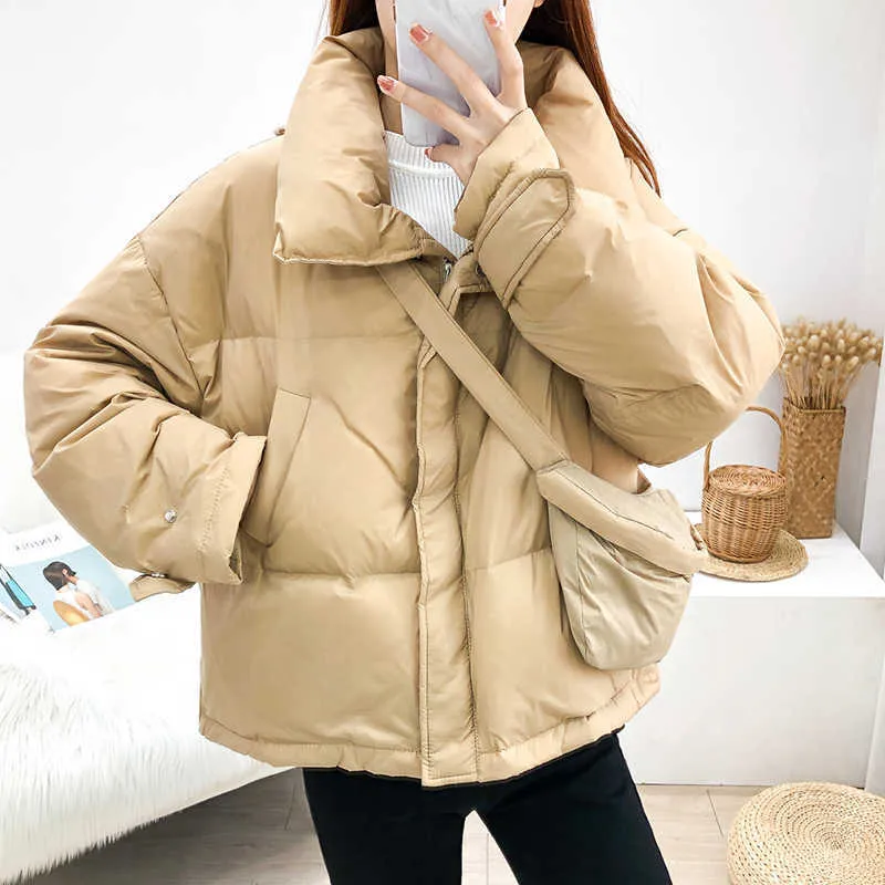 Winter White Duck Down Jacket Women Loose Warm Short Puffer Jackets Woman Stand Collar Bubble Coat Outwear 210525