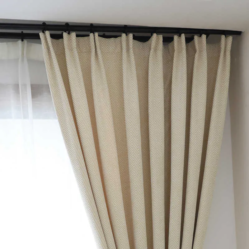 Enkel och modern ljusgul beige Chenille Stripe gardin sovrum vardagsrum golvfönster gardin 210712