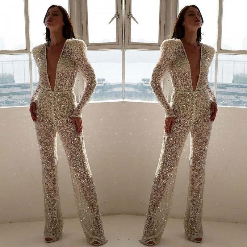 Women Jumpsuit Deep V Neck Lace Rompers Womens Long Sleeve Embroidery Perspective White Autumn 210524