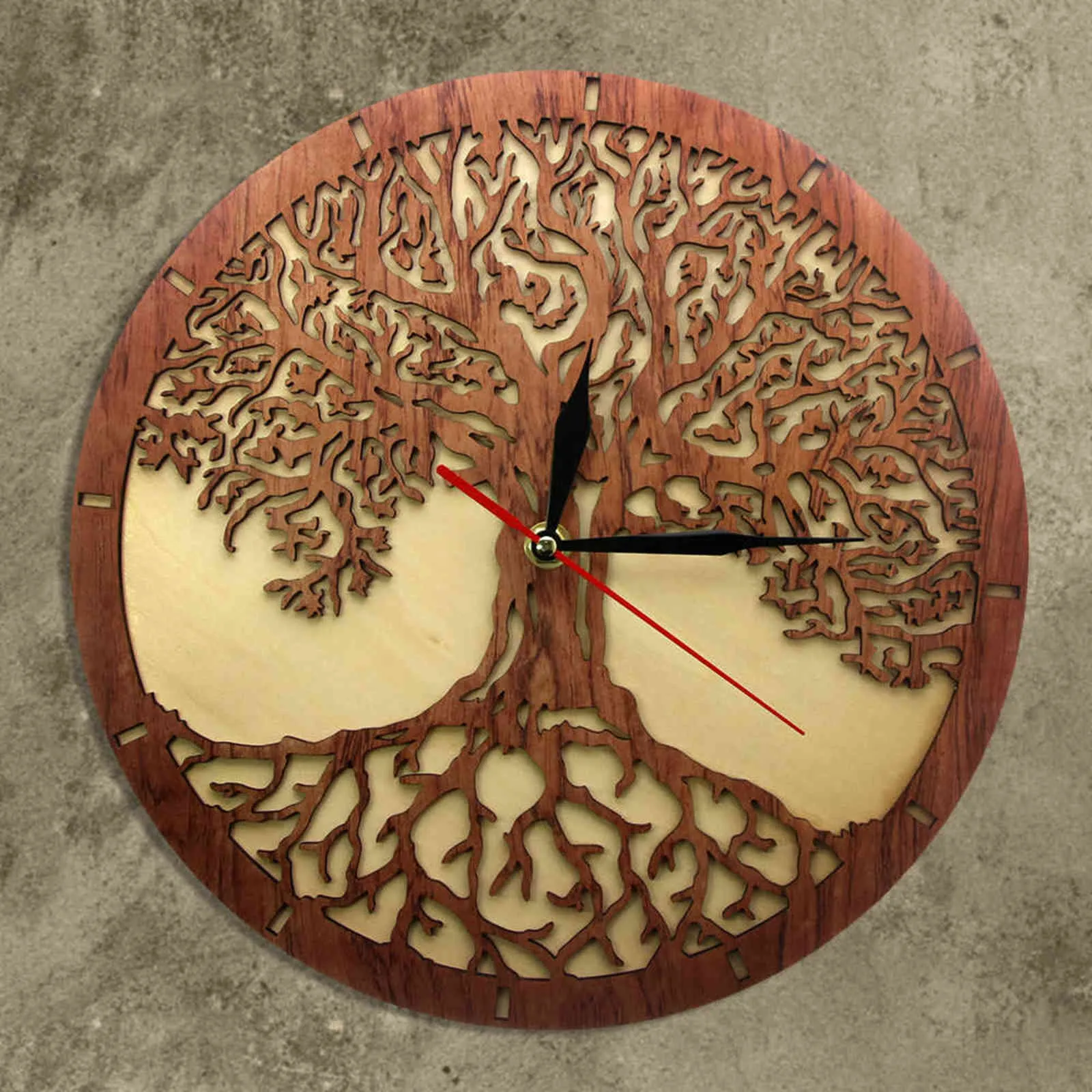Yggdrasil Árbol de la vida Reloj de pared de madera Geometría sagrada Árbol mágico Decoración para el hogar Barrido silencioso Cocina Reloj de pared Regalo de inauguración de la casa 211110
