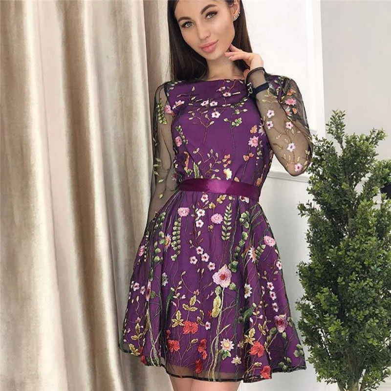 Style Mesh Patchwork Pink Flowers See Through Short Dress Birthday Party Celebrate Dress Nightclub Women Embroidery Dress 210630