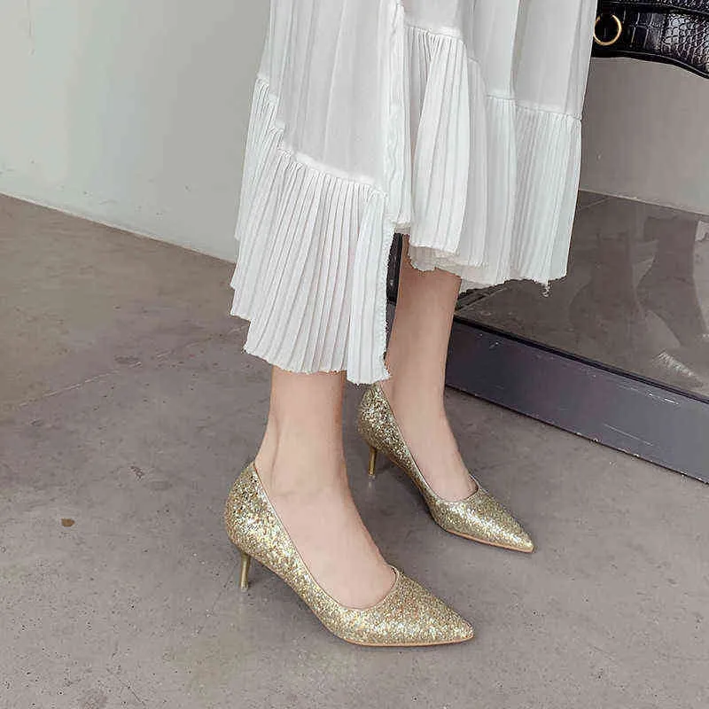 ドレスシューズシルバー/ゴールドキラキラ結婚式の靴の靴の女性の尖った薄いクリスタルドレスレディーススパンコール9cmハイヒールブライダルシューズTACONES 220315