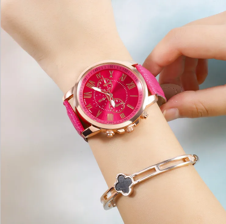 Drei-Subidials-rote Uhr Retro-Genf-Studentenuhren Damen-Quarz-Trend-Armbanduhr mit Lederband197U