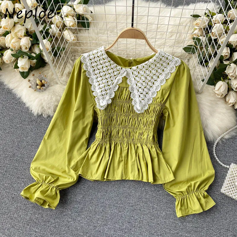 Neploe Hit Color Patch Lace Hook Blomma Blus Kvinnor Peter Pan Collar Flare Långärmad Pullover Blusas Slim Fit Draped Shirt 210423